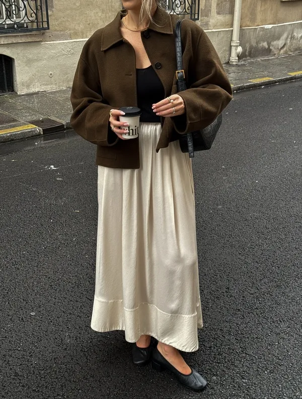 ropped Jacket, Flowy Skirt