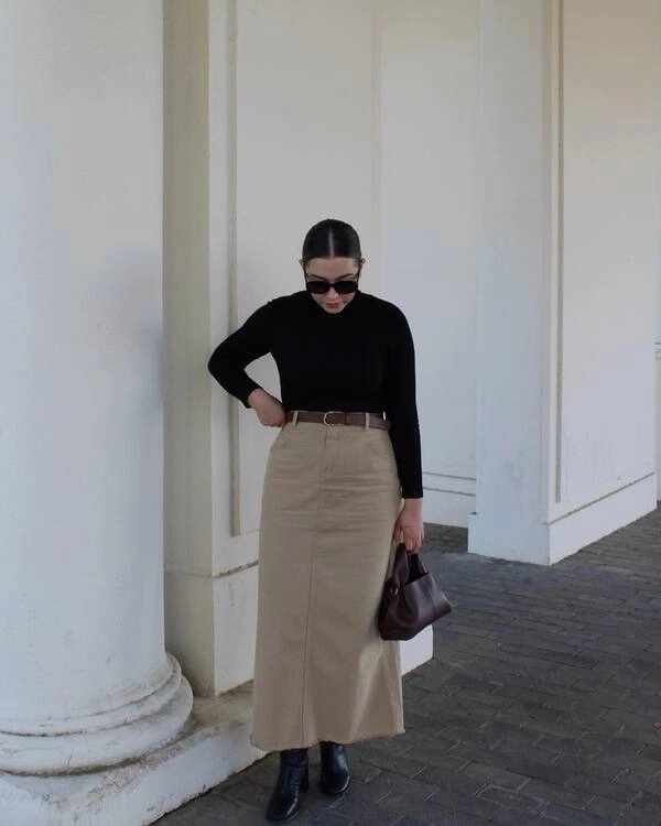 Black Top, Khaki Maxi Skirt