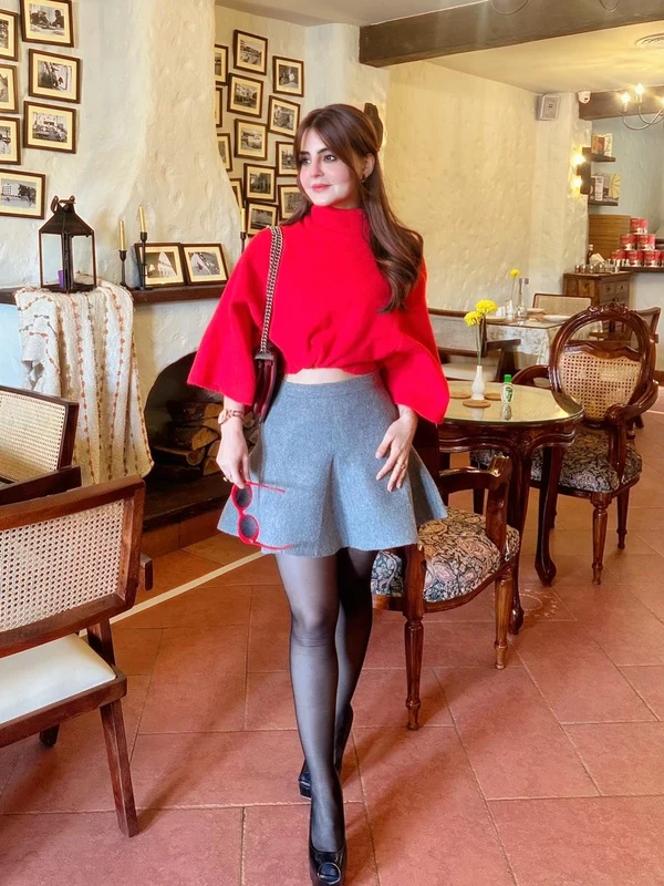 Red Sweater Gray Skirt