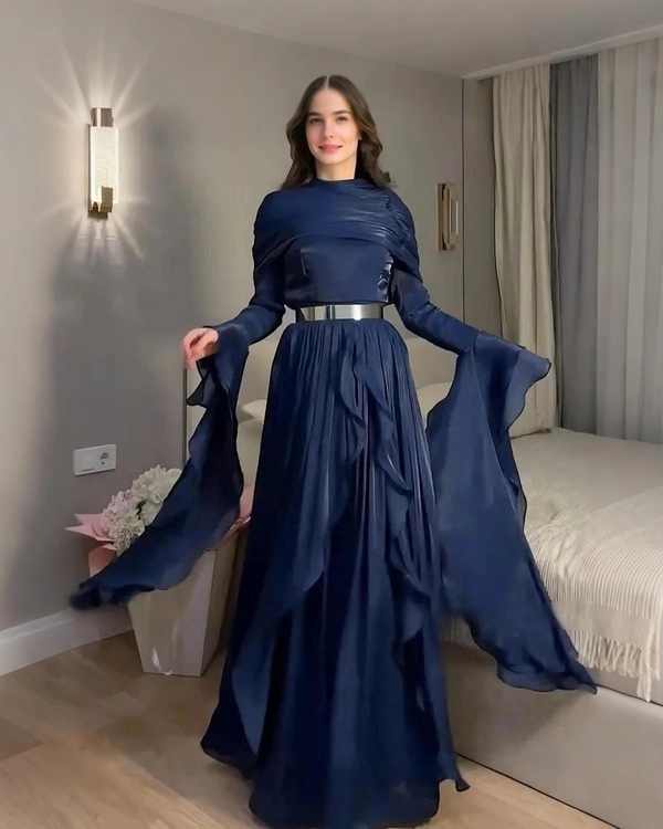 Navy Gown, Draped Sleeves
