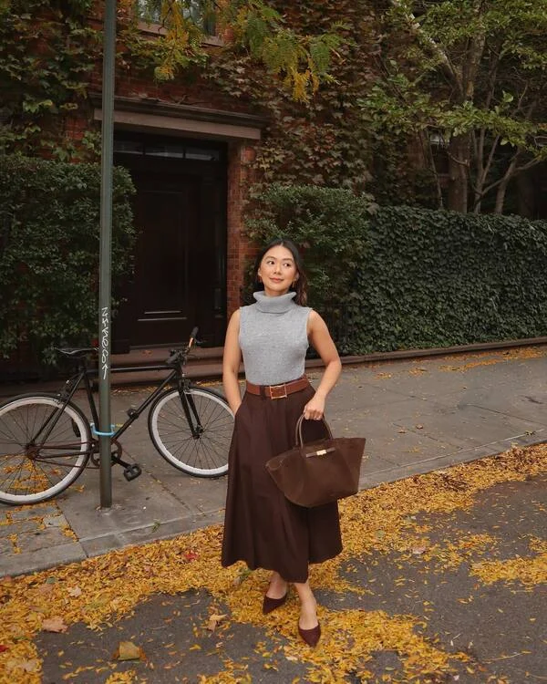 Grey Turtleneck, Brown Midi Skirt