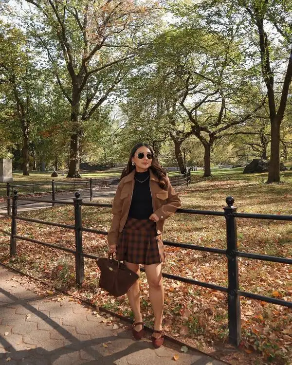 Camel Jacket and Plaid Skirt