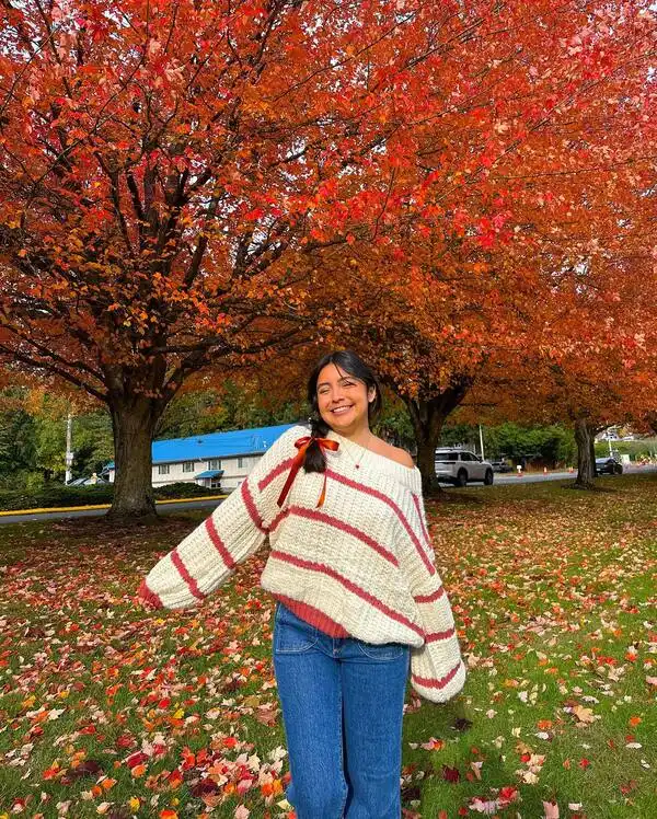Striped Off-Shoulder Sweater Look