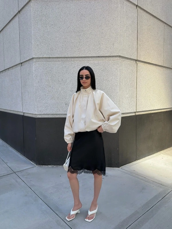 Cream Bomber Jacket Look