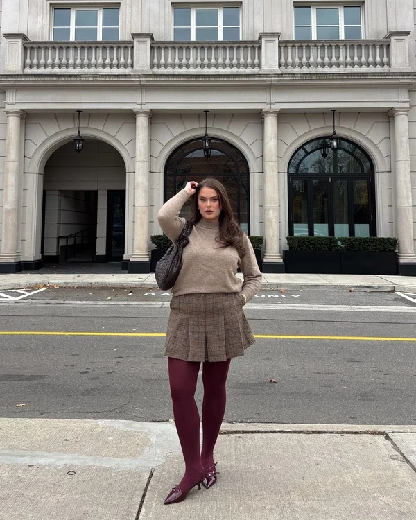 Taupe Sweater, Plaid Skirt