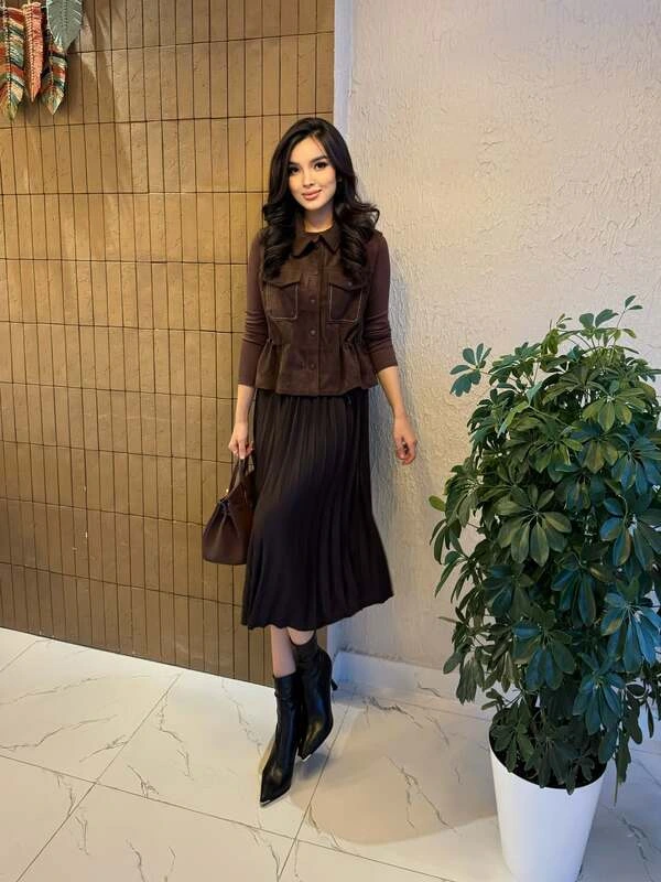 Brown Pleated Midi Skirt