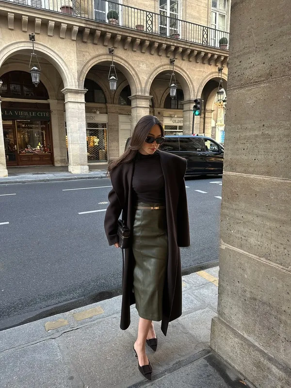Leather Midi Skirt Look