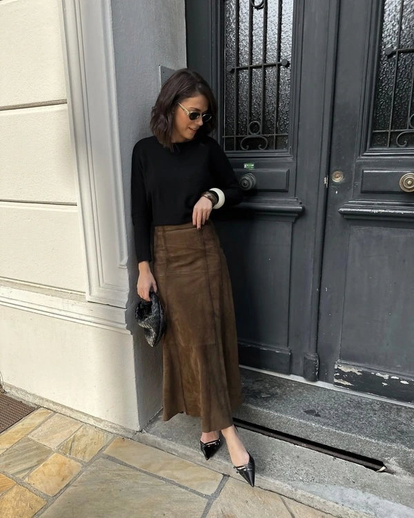 Black Sweater, Suede Skirt