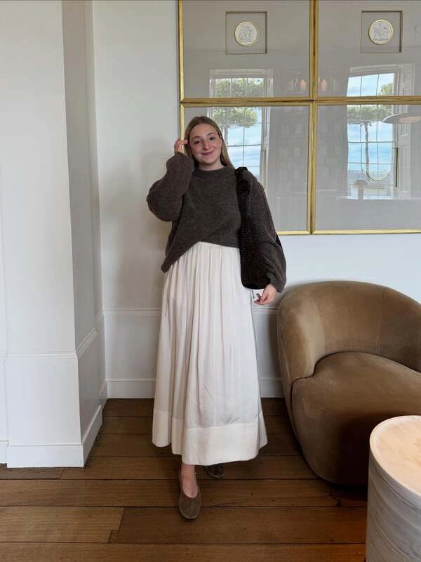 Brown Sweater Cream Skirt