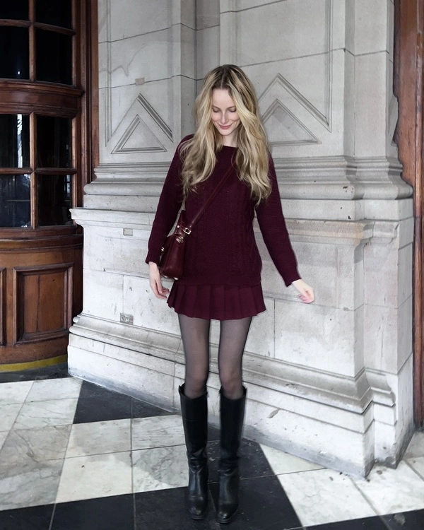 Burgundy Sweater, Pleated Skirt