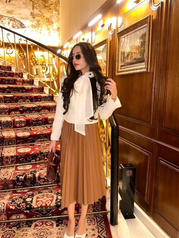 Tan Pleated Midi Skirt