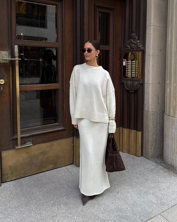 White Knit Maxi Skirt Set