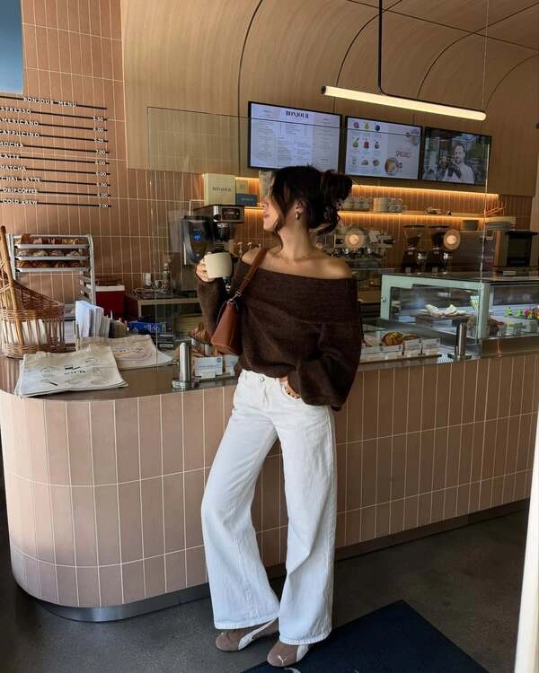 Off-Shoulder Sweater and Wide Leg Jeans