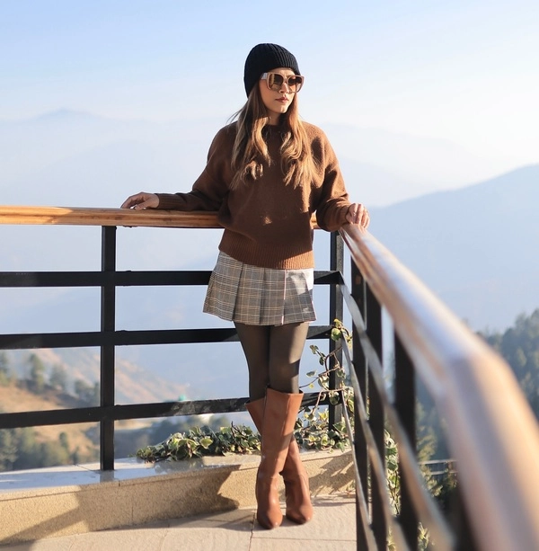 Brown Sweater and Plaid Skirt