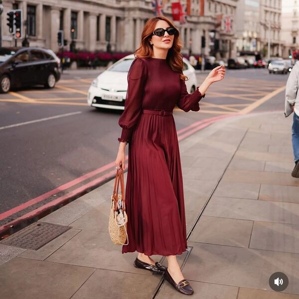 Burgundy Pleated Dress Outfit