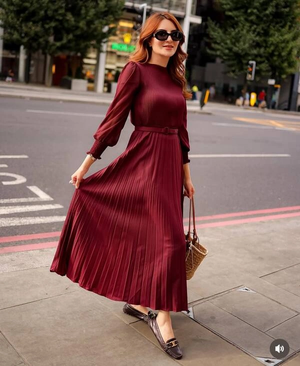 Burgundy Pleated Dress Outfit