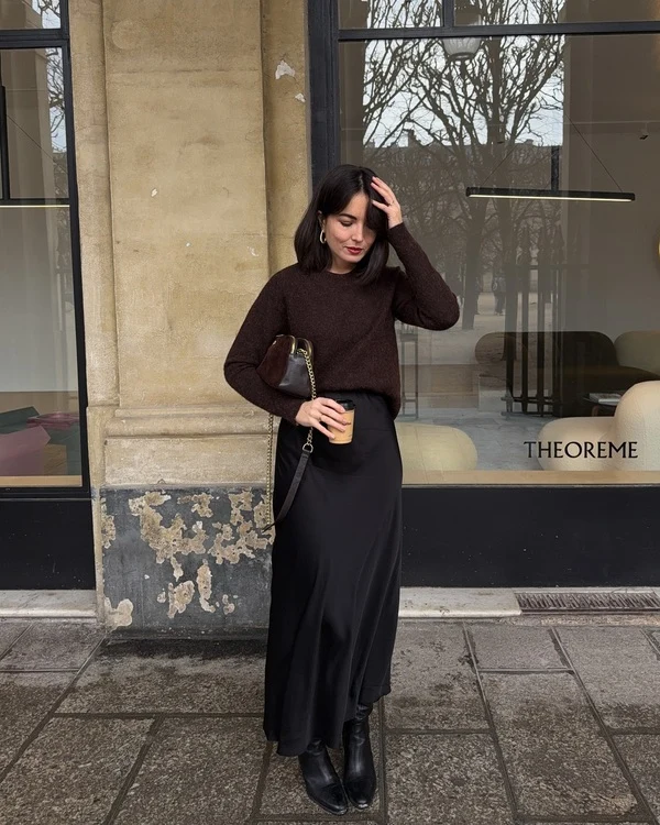 Brown Sweater, Satin Skirt