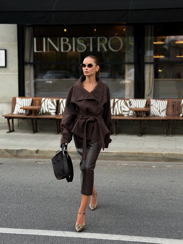 Brown Pinstripe Belted Jacket