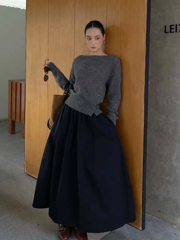 Gray Knit Maxi Skirt Outfit