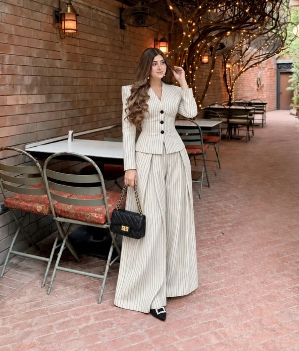 Pinstripe Wide Leg Pants Set